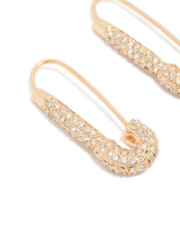 Crafted with gold diamante safety pin hoop earrings featuring clear stones in a close up view - link has visual effect only