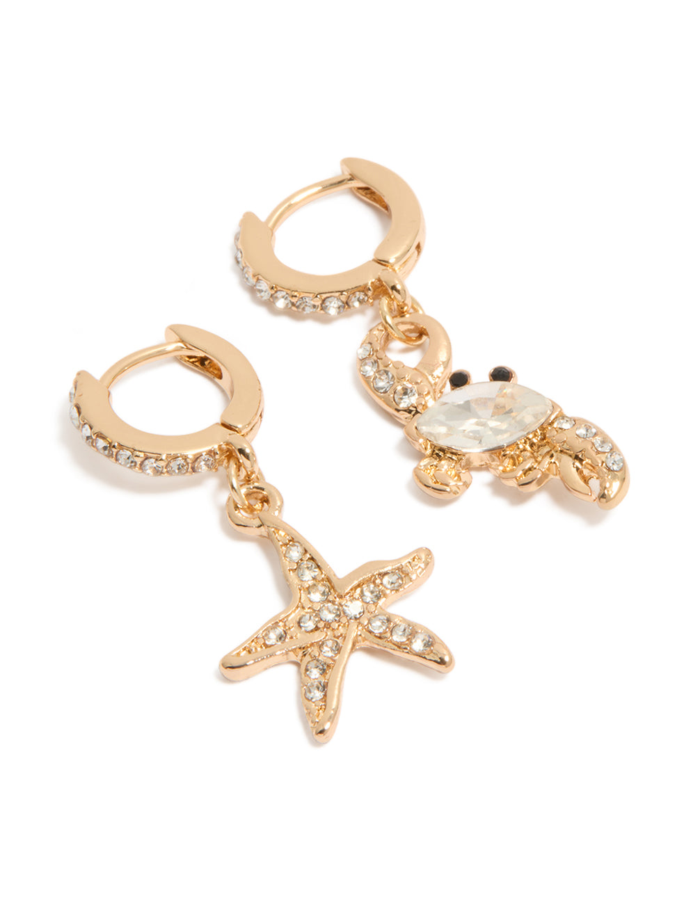 Discover gold mismatched ocean huggie earrings featuring with crystal accents front view