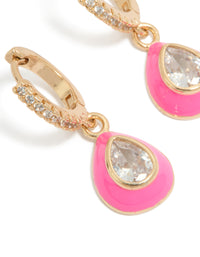 Crafted from cubic zirconia and enamel with hot pink oval teardrop design in gold close up view - link has visual effect only
