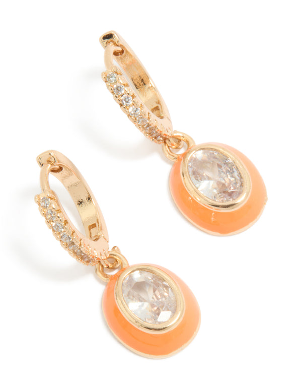 Showcasing gold cubic zirconia orange enamel outer oval huggie earrings with statement style in clear front view