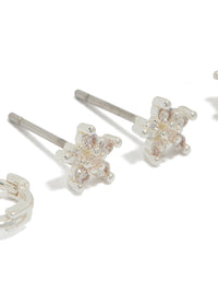 Designed with Cubic Zirconia in silver Flower Stud and Huggie Earrings close up view - link has visual effect only