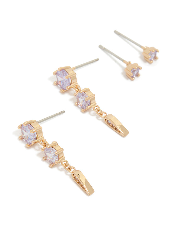 Discover gold lilac cubic zirconia stud and drop earrings in a 2-pack featuring crystal closures front view