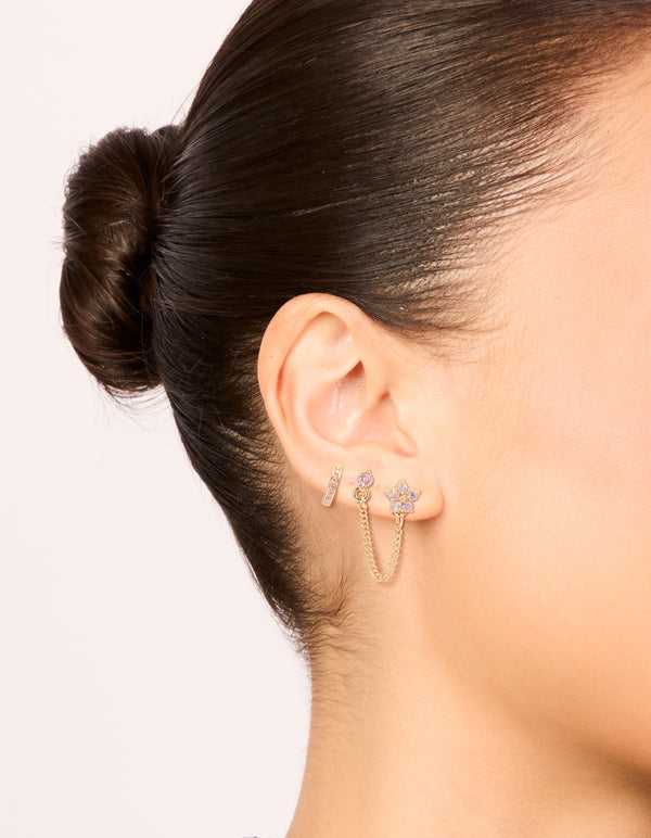 Gold Pink Cubic Zirconia Chain Flower & Huggie Earrings Pack