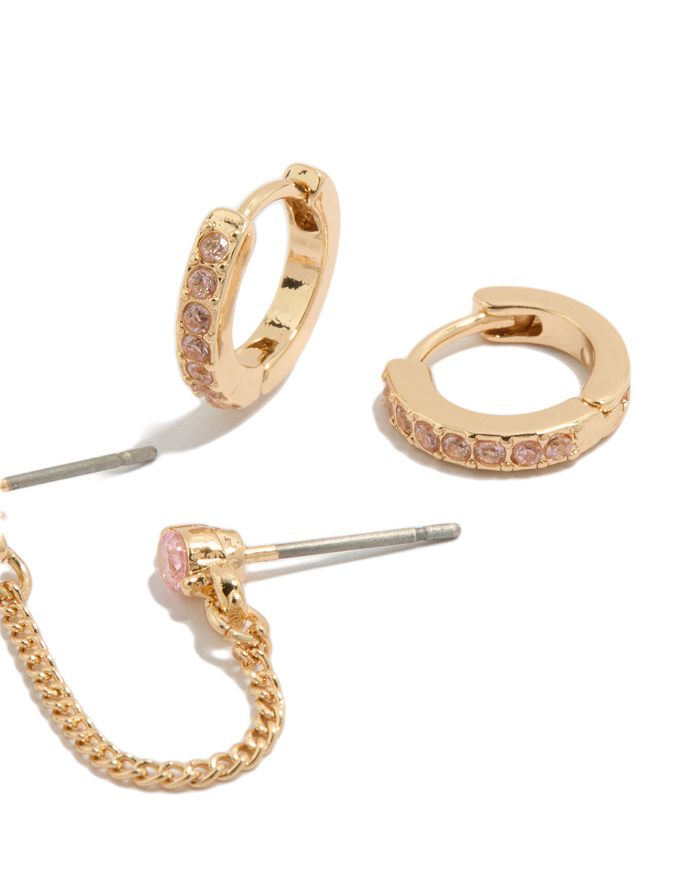 Featuring huggie and chain stud earrings with floral design in gold pink cubic zirconia crystals post detail view