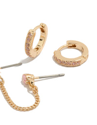 Explore gold pink cubic zirconia chain flower and huggie earrings pack with floral featuring crystal embellishments and stud closures post detail view - link has visual effect only