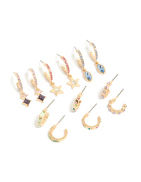 Gold Multicoloured Diamante Hoop Earrings 6-Pack - link has visual effect only