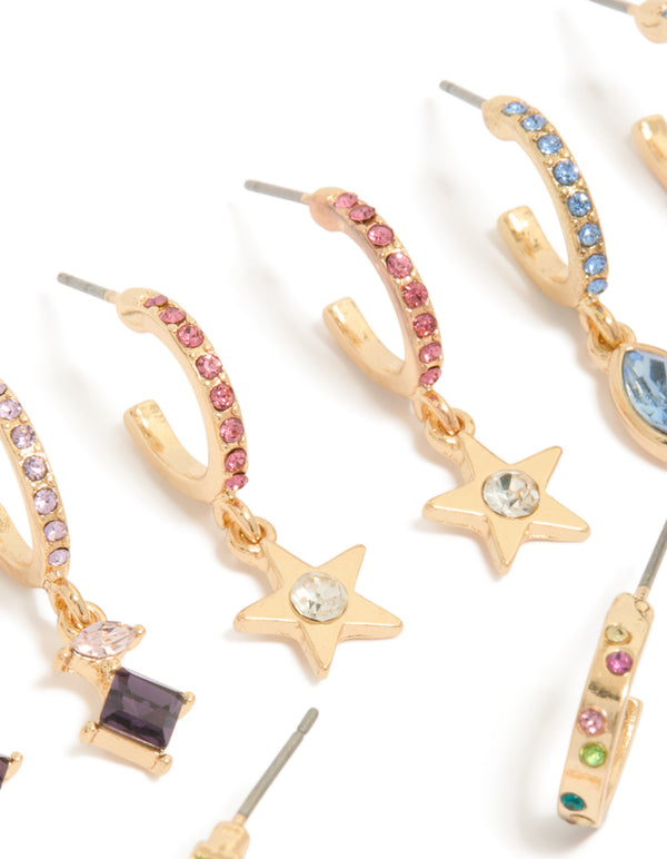Gold Multicoloured Diamante Hoop Earrings 6-Pack