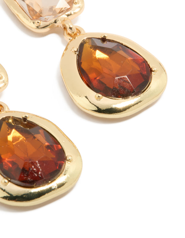 Gold Brown Diamantes Drop Earrings