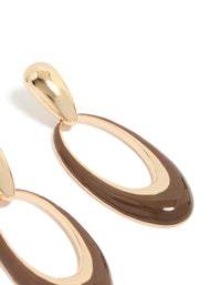 Highlighting statement oval drop earrings with brown enamel in gold detail view - link has visual effect only