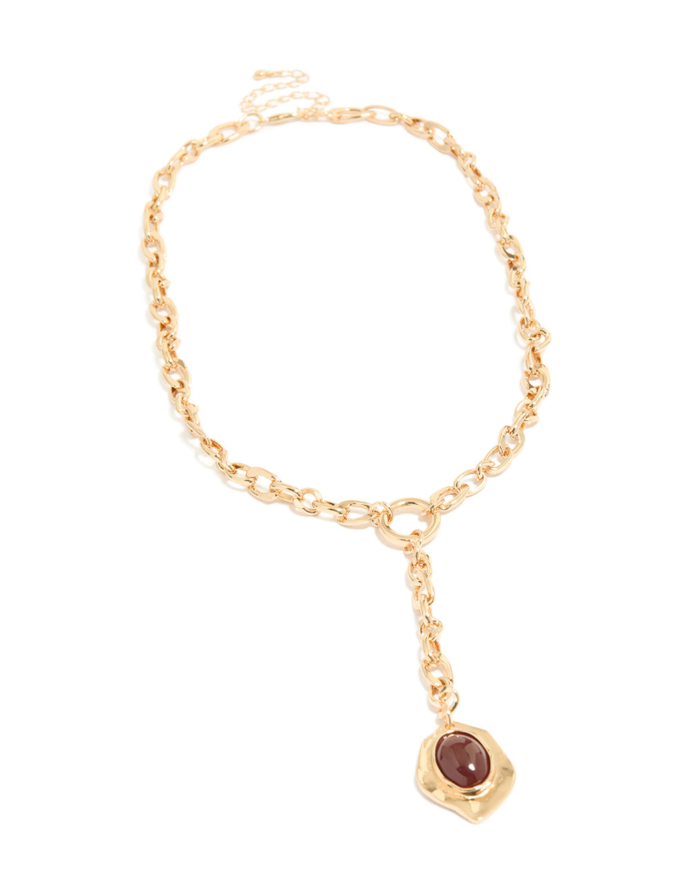 Showcasing a gold red resin pendant chain Y-necklace with statement style front view