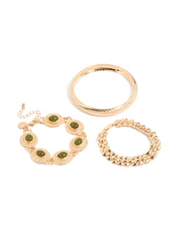 Featuring a beaded bracelet, resin bead bangle, and layered chain in gold, 3-pack front view - link has visual effect only