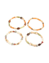 This set presents neutral acrylic irregular beaded stretch bracelets in a 4-pack, featuring chunky beads with olive, orange, and sienna tones front view - link has visual effect only