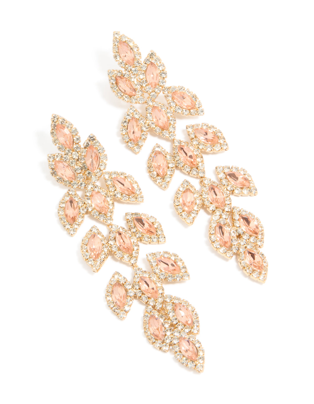 Exquisite gold diamante gleaming pear drop earrings featuring peachpuff stones front view