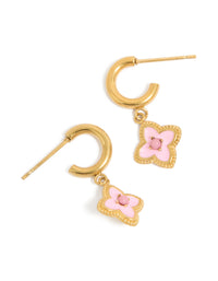 Showcasing floral charm hoop earrings crafted from gold plated stainless steel with pink enamel petal accents front view - link has visual effect only