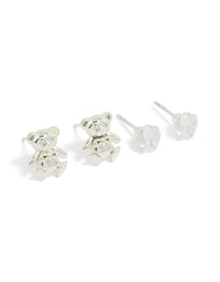 Showcasing stainless steel 3D animal bear and cubic zirconia stud earrings 2-pack with waterproof crystal in silver, white, and gold front view - link has visual effect only