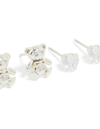Highlighting stainless steel 3D animal bear and cubic zirconia stud earrings 2-pack with waterproof crystal in silver, white, and gold close up view - link has visual effect only