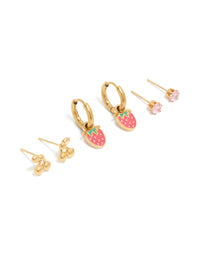 Showcasing gold plated stainless steel fruit stud and huggie earrings in a 3-pack with waterproof finish featuring pink and green accents front view - link has visual effect only