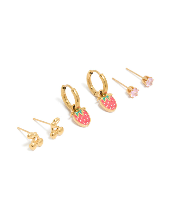 Showcasing gold plated stainless steel fruit stud and huggie earrings in a 3-pack with waterproof finish featuring pink and green accents front view
