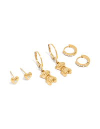Showcasing gold plated stainless steel heart and bear charm earrings in a waterproof 3-pack front view - link has visual effect only