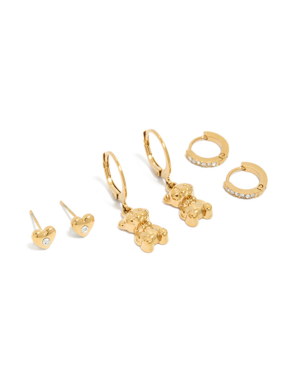 Showcasing gold plated stainless steel heart and bear charm earrings in a waterproof 3-pack front view