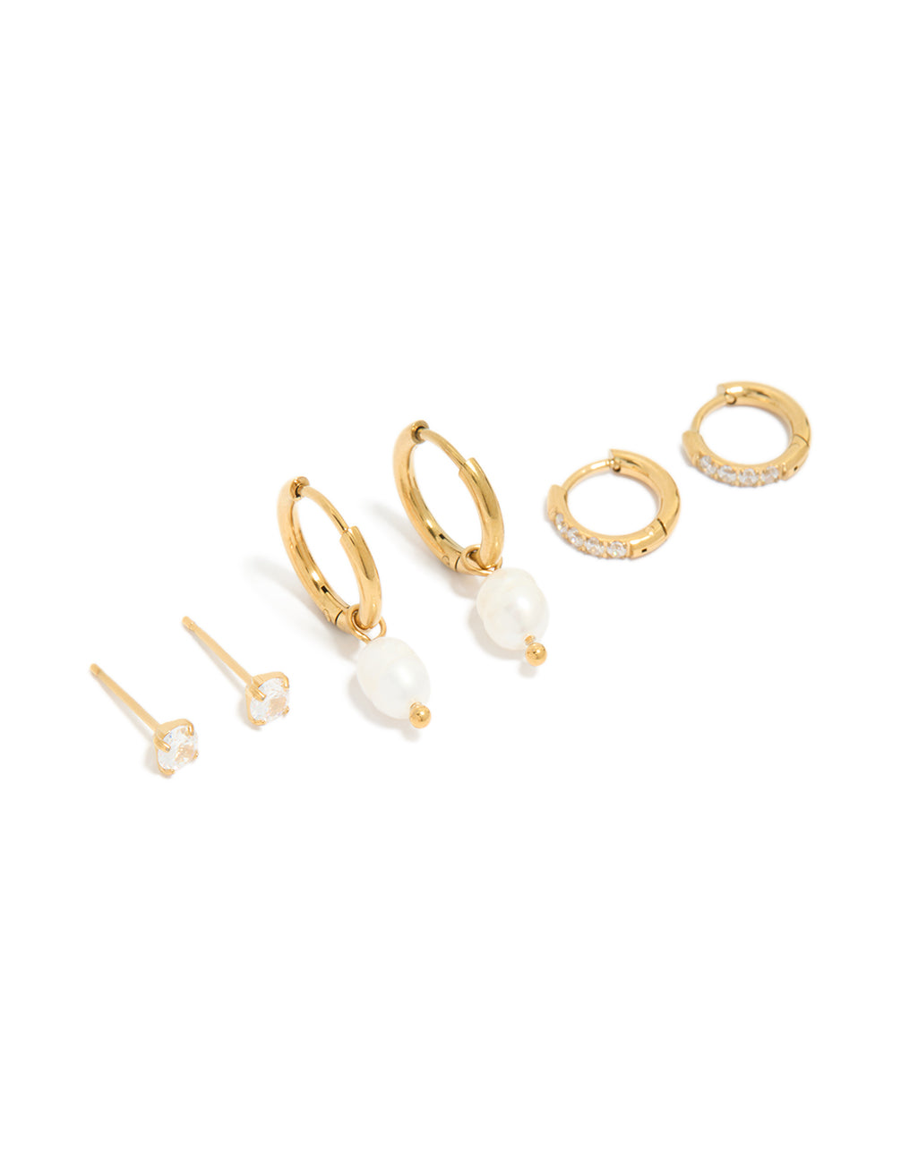 Showcasing gold plated stainless steel huggie and stud earrings with, cubic zirconia, freshwater pearl, crystal, waterproof 3-pack front view