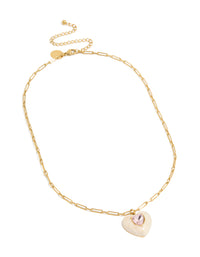 Featuring a gold plated stainless steel statement cream enamel heart necklace with charm pendant featuring waterproof materials front view - link has visual effect only