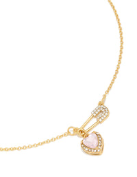 Showcasing a tweens diamante safety pin necklace with heart charm crafted from gold plated stainless steel in waterproof statement style close up view - link has visual effect only