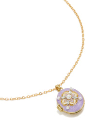 Showcasing a gold plated stainless steel purple enamel oval locket necklace with floral embellishment, pearl accents, waterproof in dainty style front view - link has visual effect only