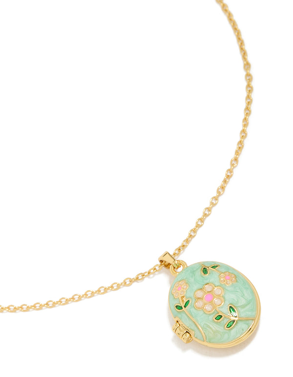 Charming gold plated stainless steel enamel daisy flower locket pendant necklace in turquoise, pink and green front view