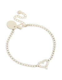 Showcasing a charm heart statement bracelet crafted from stainless steel featuring cubic zirconia in silver and white front view - link has visual effect only