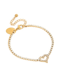 Showcasing a tweens heart station bracelet in gold plated stainless steel with cubic zirconia, dainty style front view - link has visual effect only
