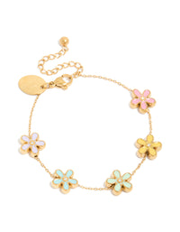 Featuring multicoloured enamel floral charm details in pink, aqua, and yellow on a gold plated stainless steel chunky bracelet with waterproof construction front view - link has visual effect only