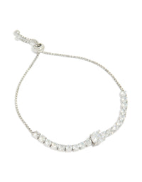 Showcasing a tweens stainless steel round cubic zirconia toggle bracelet in silver and clear stone front view - link has visual effect only