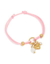 Beautifully designed pink cord bracelet with beads, charm, heart, pearl, cubic zirconia, gold plated stainless steel, round stone, waterproof, white accents front view - link has visual effect only