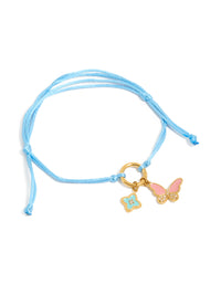 Showcasing a blue cord bracelet with butterfly and floral charms crafted from gold plated stainless steel featuring waterproof enamel in pink and aqua tones front view - link has visual effect only