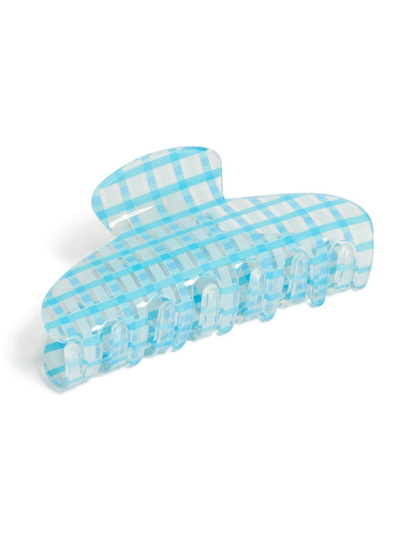 Showcasing a checkered print acrylic arch claw clip in sky blue and white side view