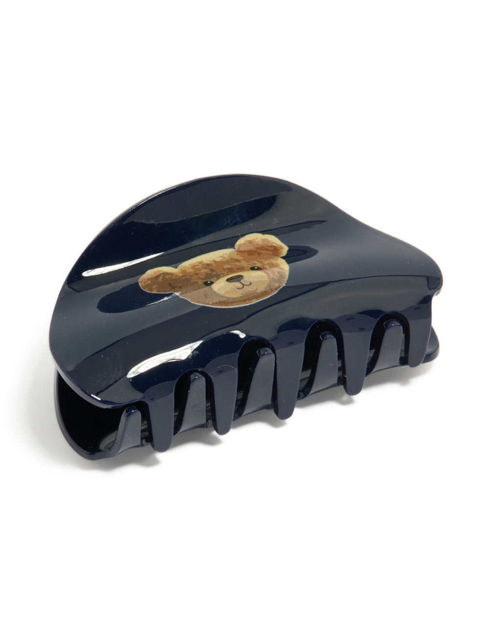 Featuring a tweens acrylic arch claw clip with novelty animal bear print in navy, burlywood, and black front view