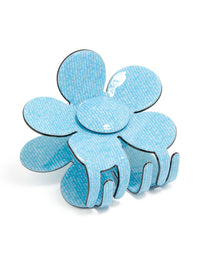 Showcasing a floral denim look acrylic daisy hair claw clip in sky blue, white, and turquoise front view - link has visual effect only