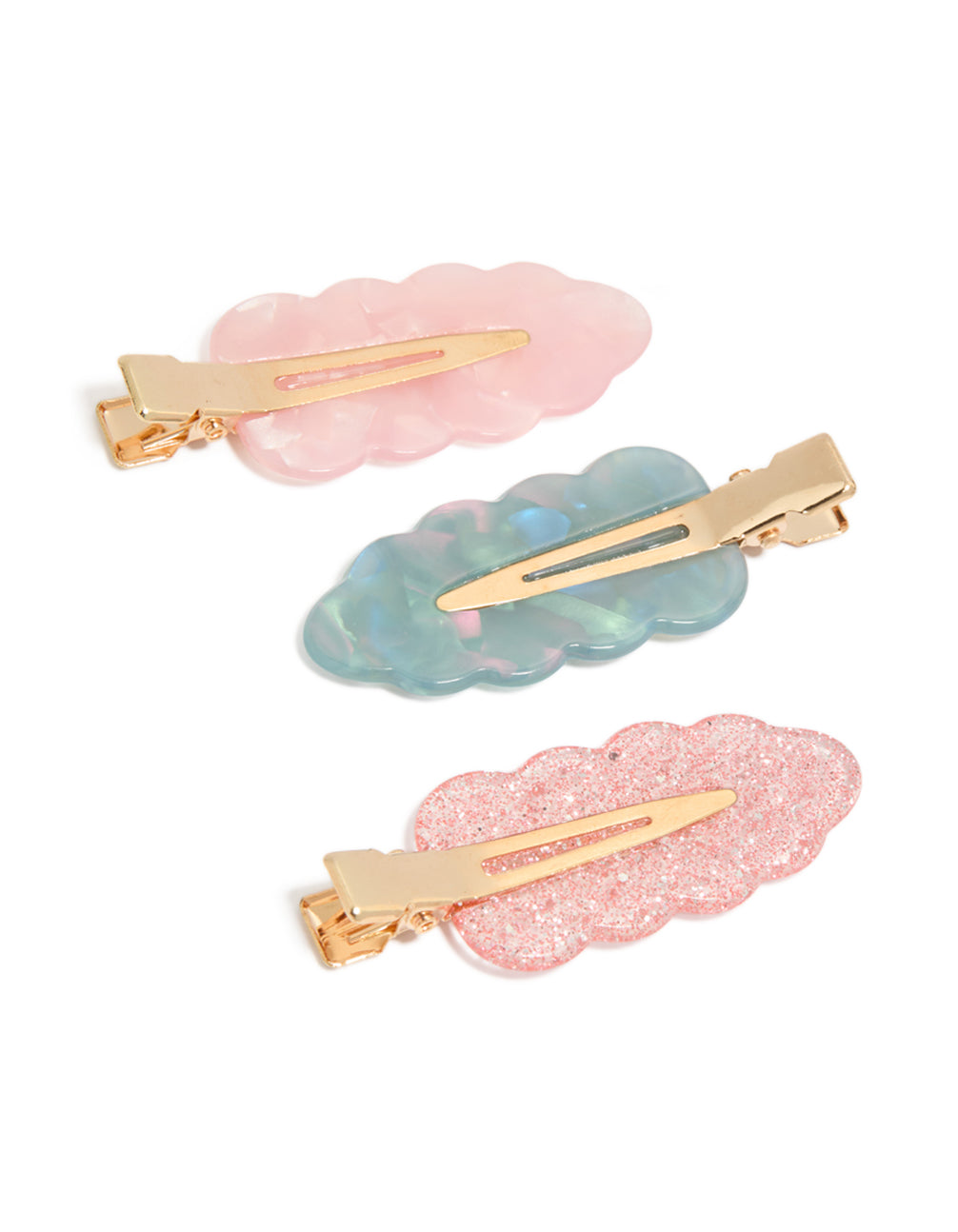 Showcasing glitter acrylic cloud creaseless clips in a 3-pack featuring light pink, light sky blue, coral, and gold solid tones front view