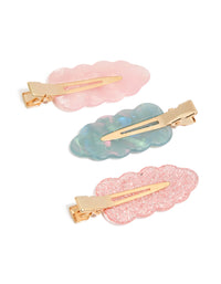 Showcasing glitter acrylic cloud creaseless clips in a 3-pack featuring light pink, light sky blue, coral, and gold solid tones front view - link has visual effect only