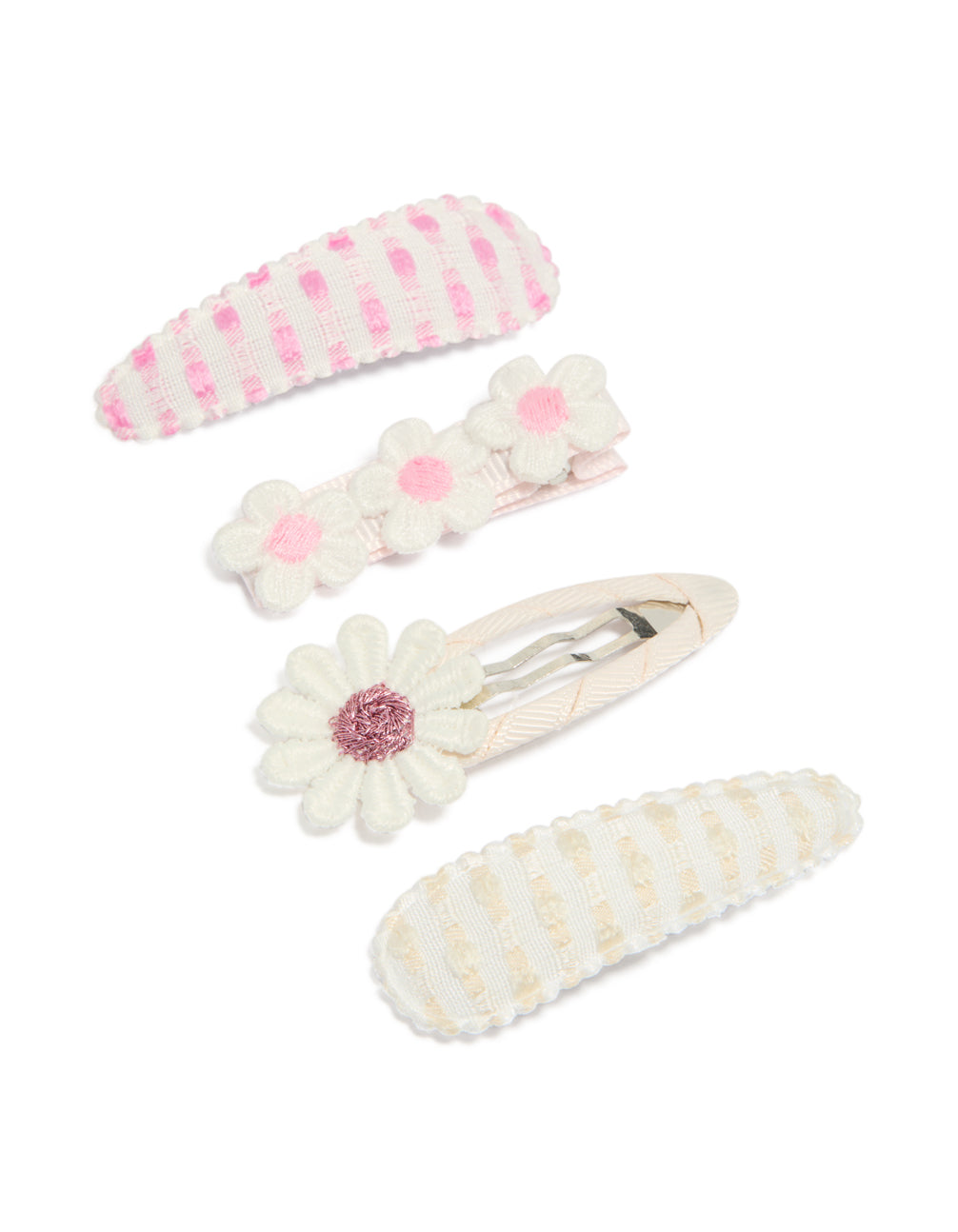 Showcasing embroidered daisy snap clips pack featuring floral and striped patterns in white, light pink, and beige front view