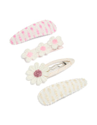Showcasing embroidered daisy snap clips pack featuring floral and striped patterns in white, light pink, and beige front view - link has visual effect only