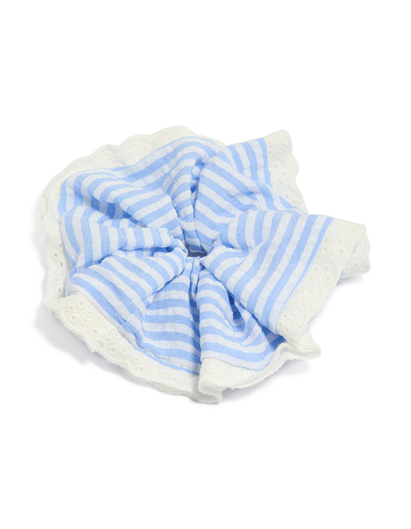Tweens Blue Striped & Lace Edge Scrunchie