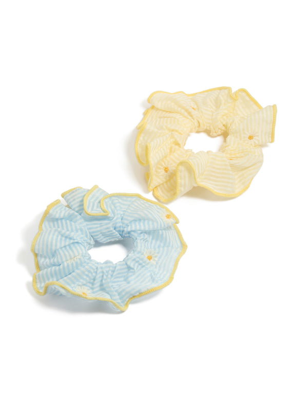 Featuring floral daisy details with striped pattern in light yellow and light blue 2-pack scrunchies front view