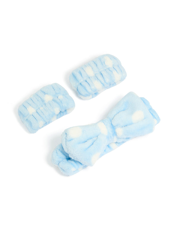 Discover this tweens blue white spotted wristband and headband set featuring polkadot print in light tones detail view