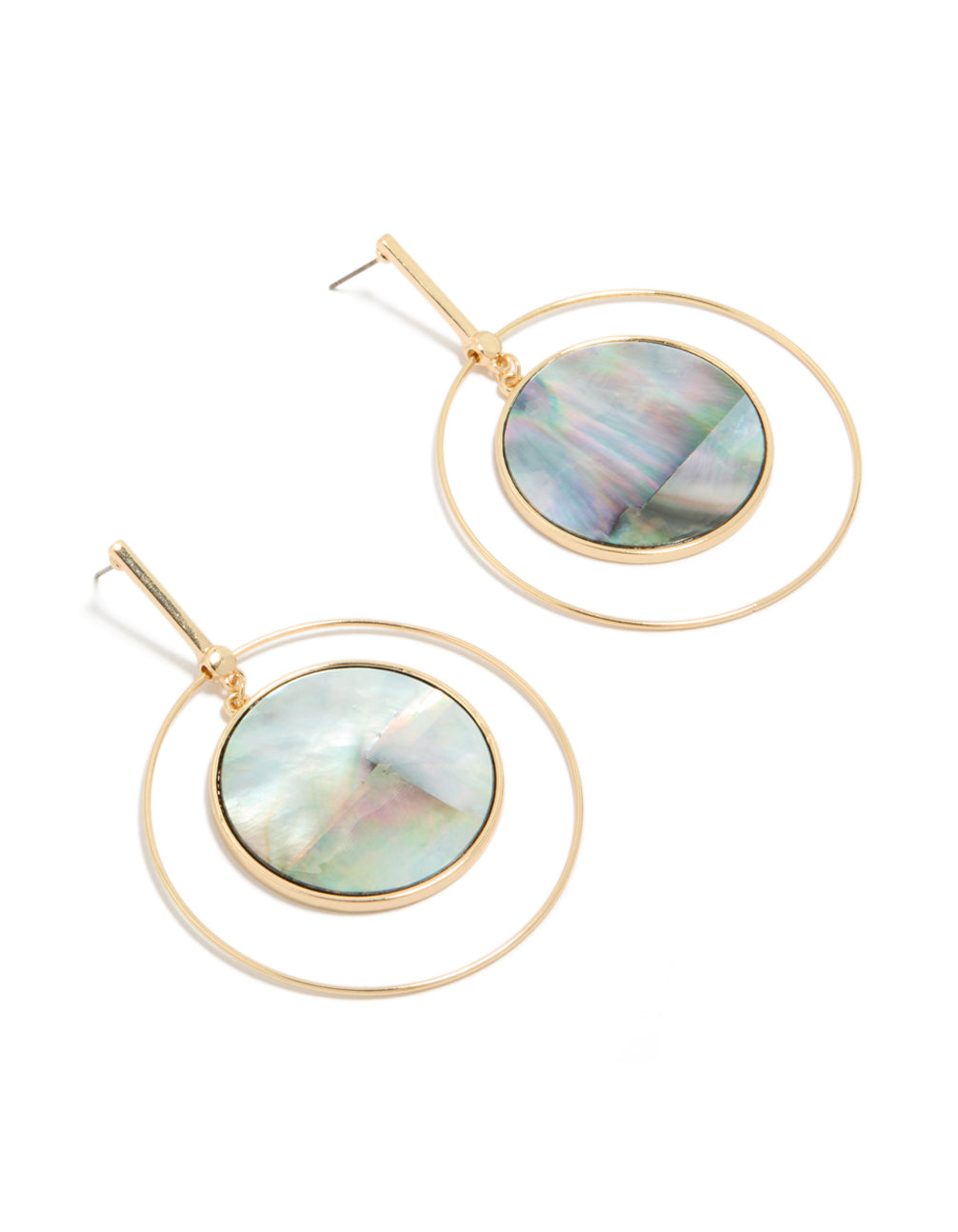 Crafted from genuine shell, these gold disc drop earrings feature ocean-inspired iridescent accents front view