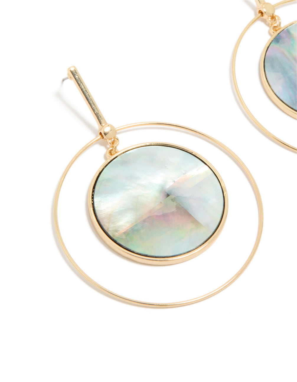Showcasing the genuine shell disc drop earrings in gold with ocean-inspired iridescent detailing close up view