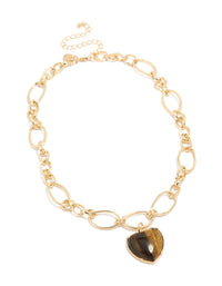 Featuring a gold loop chain necklace with brown heart pendant front view - link has visual effect only