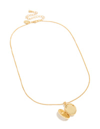 A gold plated shell Mary locket necklace with ocean pendant front view - link has visual effect only