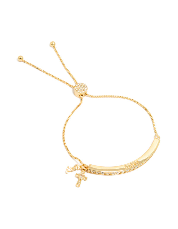 Showcasing a gold plated cubic zirconia faith toggle bangle with charm cross and script detail front view